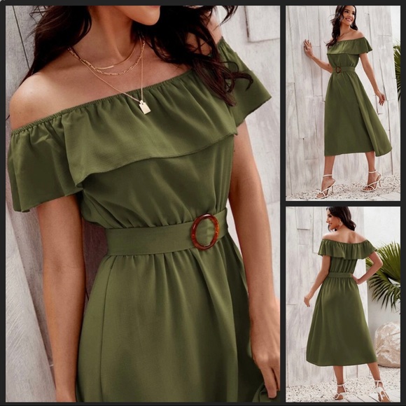 Boho Off The Shoulder Ruffle Trim Belted Dress Army Green Size Small Romantic - Picture 1 of 7
